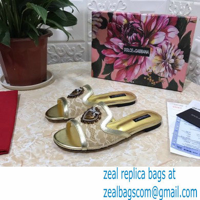 Dolce  &  Gabbana Lace Sliders Gold with Devotion Heart 2021